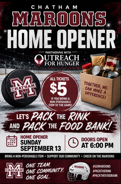 Chatham Maroons Home Opener: Let’s Pack the Rink & Pack the Food Bank!